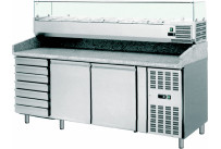 Pizzatisch mit Kühlaufsatzvitrine 9 x GN 1/3 2 Türen 7 Schubladen