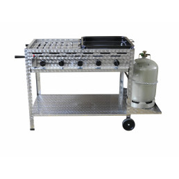 Profi-Gasgrill 5 flammig, fahrbar, mit 1/2 Rost und 1/2 Pfanne